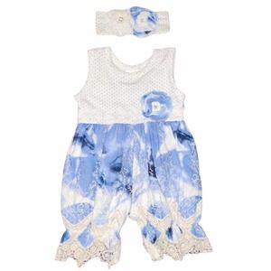 12m Haute Baby Boutique Girls Summer Song Blue White Lace Romper & Headband Set